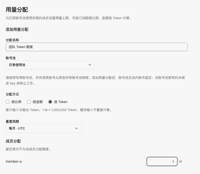 用量分配表单，已选择账号池、按 Token 和成员额度