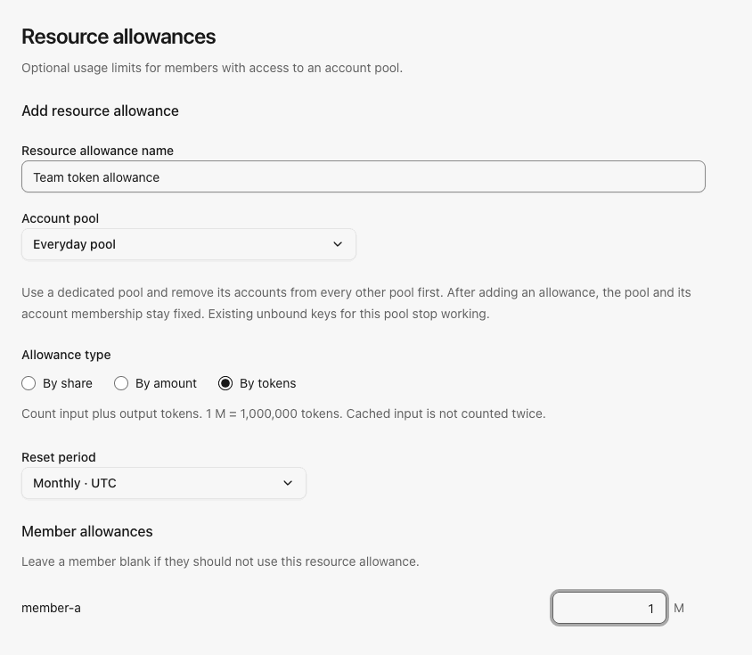 Resource allowance form showing a selected pool, token mode and member allocation