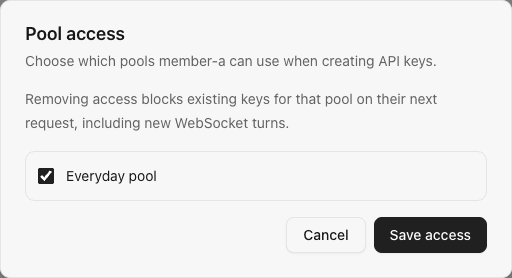 Pool access dialog granting one account pool to a member