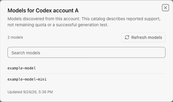 Account model catalog dialog with model IDs and update time