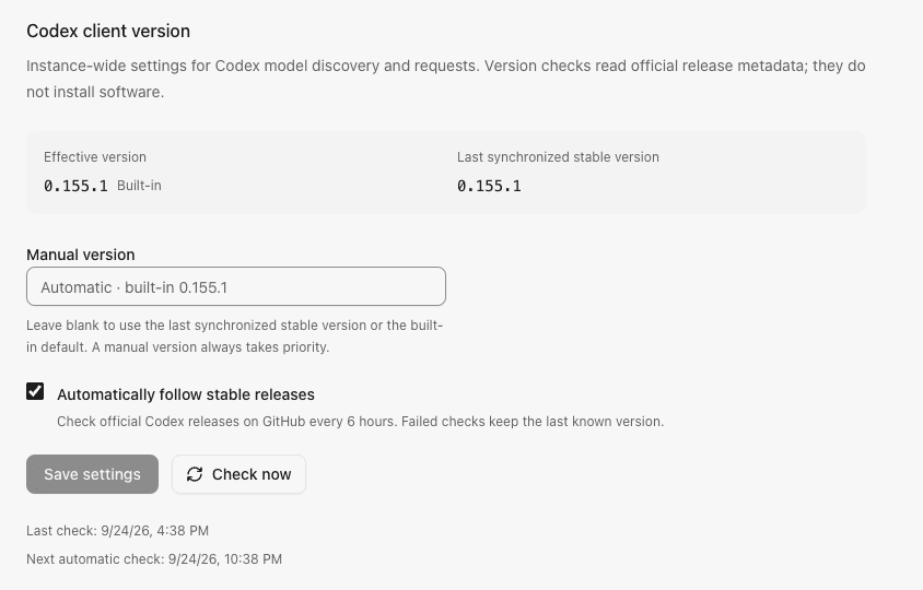 Codex client version settings with automatic checks enabled