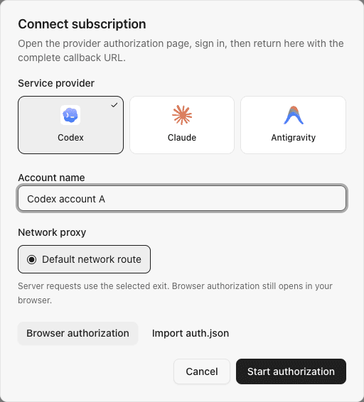 Add subscription account form with Codex and browser authorization selected