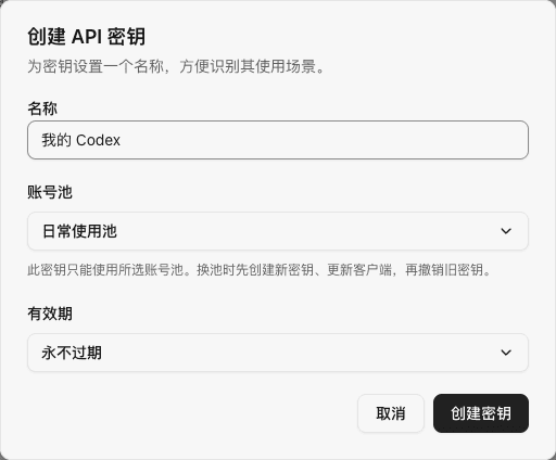 创建 API 密钥表单,已填写我的 Codex 并选择日常使用池